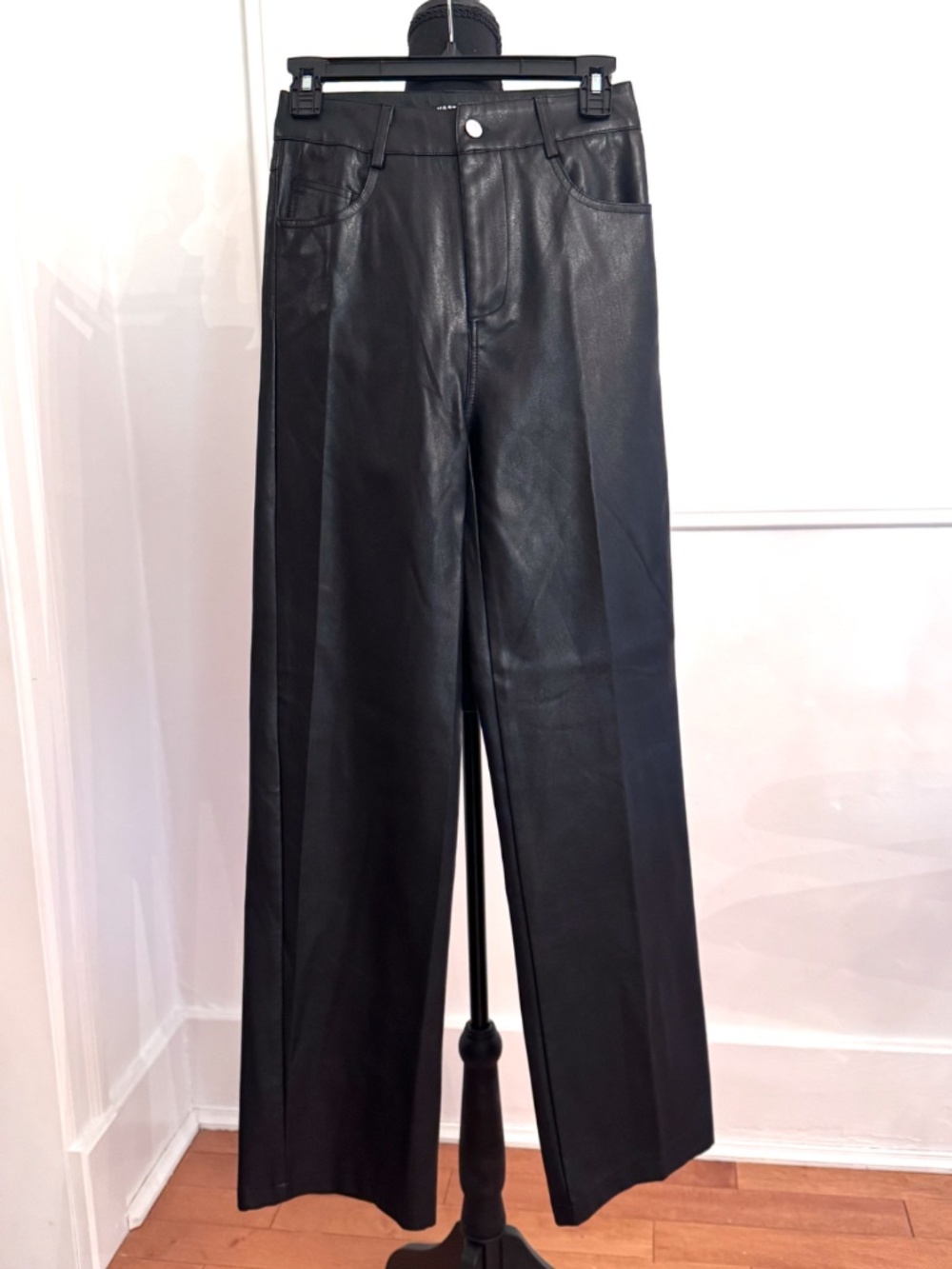 Nasty Gal Collection XS Black Faux Leather Wide Leg Trouser Pants High Waist